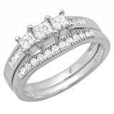 0.80 Carat (ctw) 14k White Gold Princess & Round Diamond Ladies 3 Stone Engagement Bridal Ring Set Matching Band