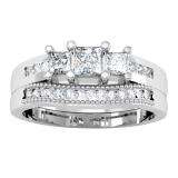 0.80 Carat (ctw) 14k White Gold Princess & Round Diamond Ladies 3 Stone Engagement Bridal Ring Set Matching Band