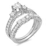 1.60 Carat (ctw) 14k White Gold Round Diamond Ladies Bridal 3 Stone Engagement Ring With Matching Wedding Band Set