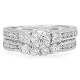 1.60 Carat (ctw) 14k White Gold Round Diamond Ladies Bridal 3 Stone Engagement Ring With Matching Wedding Band Set