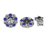 0.65 Carat (ctw) 14k White Gold Round Blue Sapphire and White Diamond Cluster Flower Shape Removable Jackets for Stud Earrings