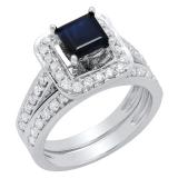 2.35 Carat (ctw) 14k White Gold Princess Cut Blue Sapphire and Round White Diamond Ladies Bridal Halo Style Engagement Ring Set With Matching Band 2 1/3 CT