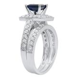 2.35 Carat (ctw) 14k White Gold Princess Cut Blue Sapphire and Round White Diamond Ladies Bridal Halo Style Engagement Ring Set With Matching Band 2 1/3 CT