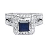 2.35 Carat (ctw) 14k White Gold Princess Cut Blue Sapphire and Round White Diamond Ladies Bridal Halo Style Engagement Ring Set With Matching Band 2 1/3 CT