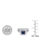 2.35 Carat (ctw) 14k White Gold Princess Cut Blue Sapphire and Round White Diamond Ladies Bridal Halo Style Engagement Ring Set With Matching Band 2 1/3 CT