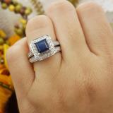 2.35 Carat (ctw) 14k White Gold Princess Cut Blue Sapphire and Round White Diamond Ladies Bridal Halo Style Engagement Ring Set With Matching Band 2 1/3 CT