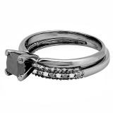 1.50 Carat (ctw) Black Rhodium Plated 10K White Gold Princess & Round Cut Black Diamond Ladies Bridal Solitaire Engagement Ring With Matching Milgrain Wedding Band Set 1 1/2 CT