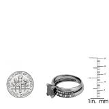 1.50 Carat (ctw) Black Rhodium Plated 10K White Gold Princess & Round Cut Black Diamond Ladies Bridal Solitaire Engagement Ring With Matching Milgrain Wedding Band Set 1 1/2 CT