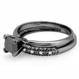 1.50 Carat (ctw) Black Rhodium Plated 18K White Gold Princess Cut Black & Round White Diamond Ladies Bridal Solitaire Engagement Ring With Matching Milgrain Wedding Band Set 1 1/2 CT