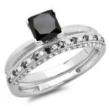 2.00 Carat (ctw) 18K White Gold Princess Cut Black & Round White Diamond Ladies Bridal Solitaire Engagement Ring With Matching Milgrain Wedding Band Set 2 CT
