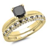 1.50 Carat (ctw) 14K Yellow Gold Princess Cut Black & Round White Diamond Ladies Bridal Solitaire Engagement Ring With Matching Milgrain Wedding Band Set 1 1/2 CT