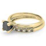 1.50 Carat (ctw) 10K Yellow Gold Princess Cut Black & Round White Diamond Ladies Bridal Solitaire Engagement Ring With Matching Milgrain Wedding Band Set 1 1/2 CT