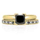 1.50 Carat (ctw) 14K Yellow Gold Princess Cut Black & Round White Diamond Ladies Bridal Solitaire Engagement Ring With Matching Milgrain Wedding Band Set 1 1/2 CT