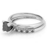 1.50 Carat (ctw) 14K White Gold Princess Cut Black & Round White Diamond Ladies Bridal Solitaire Engagement Ring With Matching Milgrain Wedding Band Set 1 1/2 CT