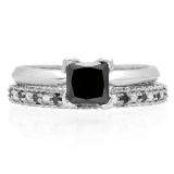 1.50 Carat (ctw) 14K White Gold Princess Cut Black & Round White Diamond Ladies Bridal Solitaire Engagement Ring With Matching Milgrain Wedding Band Set 1 1/2 CT