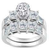 3.10 Carat (ctw) 14k White Gold Round Princess & Baguette Diamond Ladies Bridal 3 Stone Engagement Ring With Matching Wedding Band Set 3 1/10 CT