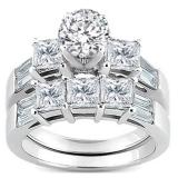 3.10 Carat (ctw) 10k White Gold Round Princess & Baguette Cut Diamond Ladies Bridal 3 Stone Engagement Ring With Matching Wedding Band Set 3 1/10 CT