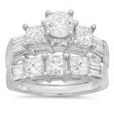 3.10 Carat (ctw) 14k White Gold Round Princess & Baguette Cut Diamond Ladies Bridal 3 Stone Engagement Ring With Matching Wedding Band Set 3 1/10 CT