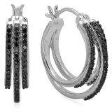 0.80 Carat (ctw) Sterling Silver Round Black Diamond Ladies Hoop Earrings 3/4 CT