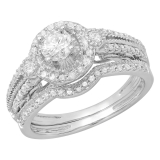 0.98 Carat (ctw) 14K White Gold Round Cut White Diamond Ladies Bridal Halo Engagement Ring Set With Matching Band 0.40 CT Center Included 1 CT