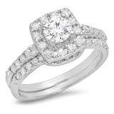1.10 Carat (ctw) 14K White Gold Round Cut Diamond Ladies Bridal Halo Style Engagement Ring With Matching Band 1 CT