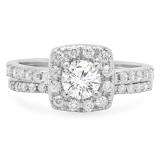 1.10 Carat (ctw) 14K White Gold Round Cut Diamond Ladies Bridal Halo Style Engagement Ring With Matching Band 1 CT
