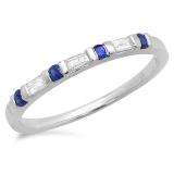 0.25 Carat (ctw) 14K White Gold Round Blue Sapphire and White Baguette Cut Diamond Ladies Anniversary Wedding Band Stackable Ring 1/4 CT