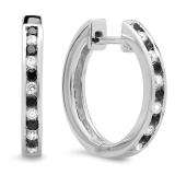 0.33 Carat (ctw) 14K White Gold Round Cut Black & White Diamond Ladies Huggie Hoop Earrings 1/3 CT