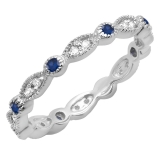 0.40 Carat (ctw) 14K White Gold Round Blue Sapphire and White Diamond Ladies Vintage Style Anniversary Wedding Band Stackable Ring