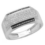 0.45 Carat (ctw) Platinum Plated Sterling Silver Round White & Black Diamond Men's Flashy Hip Hop Pinky Ring 1/2 CT