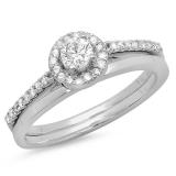 0.50 Carat (ctw) 18K White Gold Round Diamond Ladies Bridal Engagement Halo Ring With Matching Band Set 1/2 CT