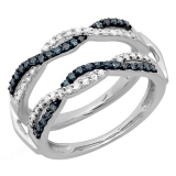 0.55 Carat (ctw) 18K White Gold Round White & Blue Diamond Ladies Swirl Style Anniversary Wedding Band Guard Double Ring 1/2 CT