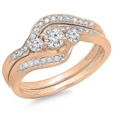 0.60 Carat (ctw) 10K Rose Gold Real Round Diamond Ladies Swirl Style Bridal 3 Stone Engagement Ring With Matching Band Set