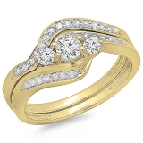 0.60 Carat (ctw) 10K Yellow Gold Real Round Diamond Ladies Swirl Style Bridal 3 Stone Engagement Ring With Matching Band Set