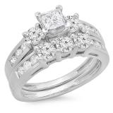 IGI CERTIFIED 1.90 Carat (ctw) 14K White Gold Princess & Round Diamond Ladies 3 Stone Bridal Engagement Ring With Matching Band Set
