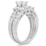 IGI CERTIFIED 1.90 Carat (ctw) 14K White Gold Princess & Round Diamond Ladies 3 Stone Bridal Engagement Ring With Matching Band Set