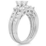 1.90 Carat (ctw) 14K White Gold Princess & Round Diamond Ladies 3 Stone Bridal Engagement Ring With Matching Band Set