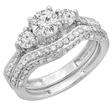 1.75 Carat (ctw) 14k White Gold Round Diamond Ladies Vintage 3 Stone Bridal Engagement Ring Set 1 3/4 CT