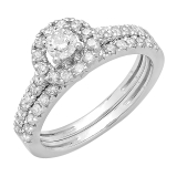 0.85 Carat (ctw) 18K White Gold Round Cut Diamond Ladies Bridal Halo Style Engagement Ring With Matching Band Set