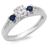 0.75 Carat (ctw) 14k White Gold Round White Diamond And Blue Sapphire Ladies Bridal 3 Stone Engagement Ring 3/4 CT