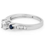 0.75 Carat (ctw) 14k White Gold Round White Diamond And Blue Sapphire Ladies Bridal 3 Stone Engagement Ring 3/4 CT