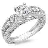 1.75 Carat (ctw) 14k White Gold Round Diamond Ladies Vintage Style Solitaire With Accents Bridal Engagement Ring 1 3/4 CT
