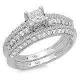 1.15 Carat (ctw) 14K White Gold Princess & Round Diamond Ladies Bridal Engagement Ring With Matching Band Set