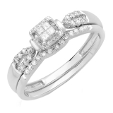 0.27 Carat (ctw) 10K White Gold Princess & Round Diamond Ladies Bridal Engagement Ring With Matching Band Set 1/4 CT