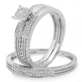 0.20 Carat (ctw) 10K White Gold Round Cut Diamond Men and Women's Micro Pave Engagement Ring Trio Bridal Set 1/5 CT