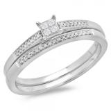 0.20 Carat (ctw) 10K White Gold Princess & Round Diamond Ladies Bridal Promise Engagement Ring With Matching Band Set 1/5 CT