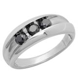 1.20 Carat (ctw) Sterling Silver Real Black Round Diamond Men's Channel Set 3 Stone Anniversary Wedding Band 1 1/4 CT