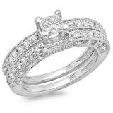 1.50 Carat (ctw) 14K White Gold Princess & Round Diamond Ladies Solitaire With Accents Bridal Engagement Ring With Matching Band Set 1 1/2 CT