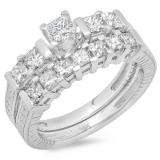 1.50 Carat (ctw) 14K White Gold Princess Cut Diamond Ladies Bridal 5 Stone Engagement Ring With Matching Band Set 1 1/2 CT