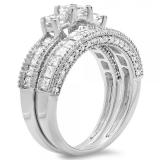 2.30 Carat (ctw) 14k White Gold Princess & Round Cut Diamond Ladies Engagement Bridal 3 Stone Ring With Matching Band Set 2 1/3 CT